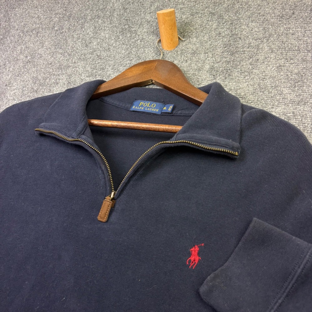 Polo Ralph Lauren Quarter Zip Pullover Mens XL Navy Blue Cotton Sweater 0487